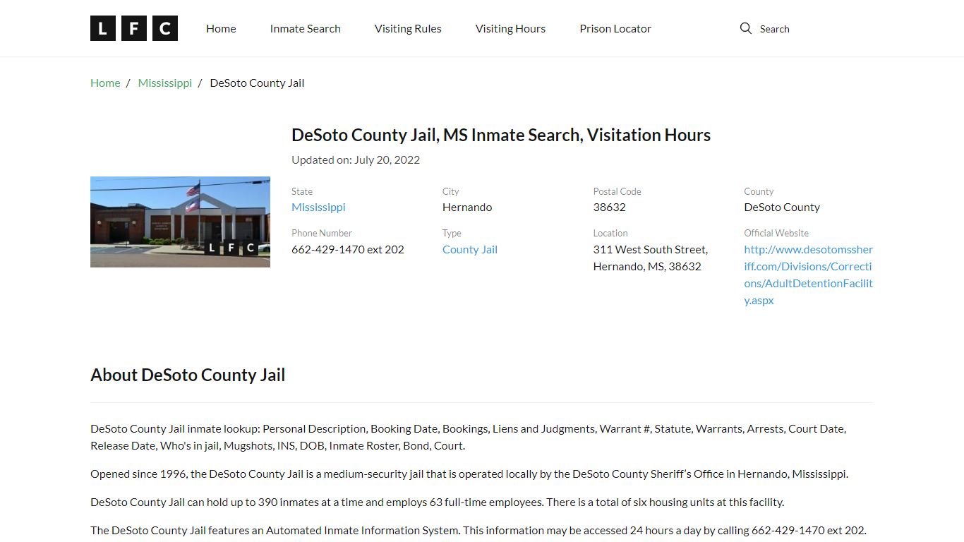 DeSoto County Jail, MS Inmate Search, Visitation Hours